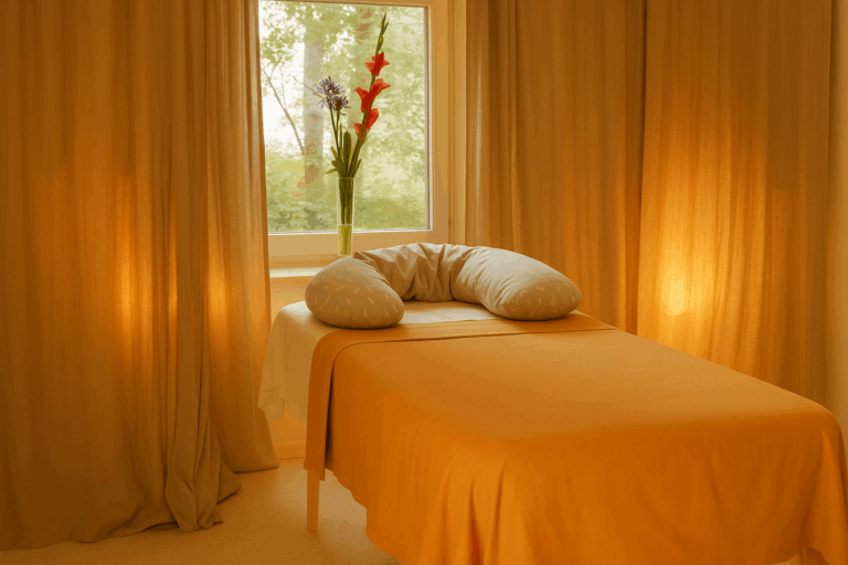 Massageliege mit Stillkissen für die Schwangerenmassage